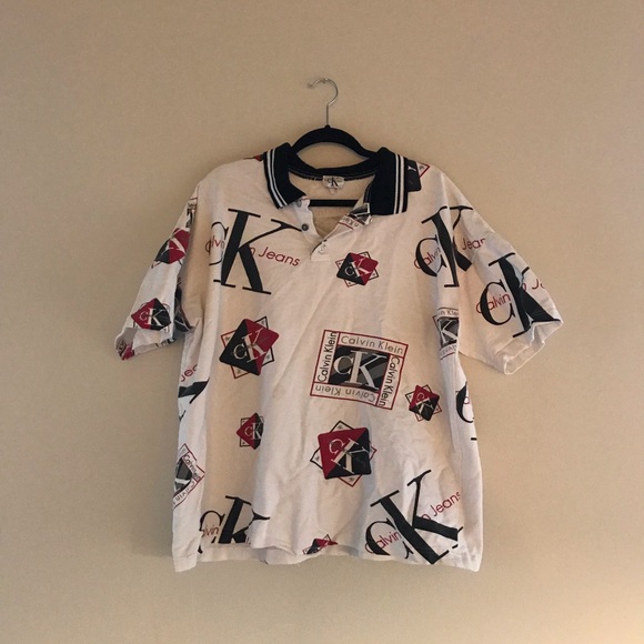 Vintage Calvin Klein Collared Graphic Tee Button - Picture 2 of 7